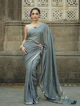 Suta - Dark Grey Viscose Blend Saree with Woven Zari Checks