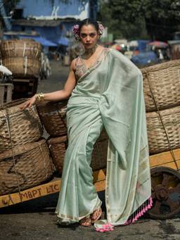 Suta - Powder Blue Viscose Blend Saree with Woven Zari Checks
