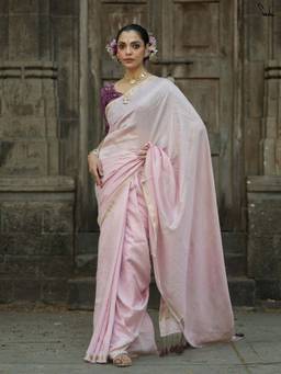 Suta - Baby Pink Viscose Blend Saree with Woven Zari Checks