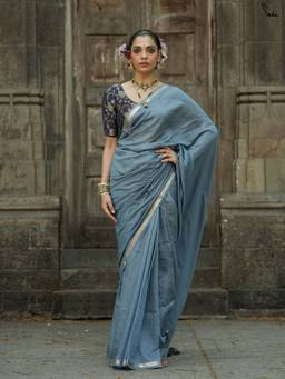 Suta - Dusty Blue Viscose Blend Saree with Woven Zari Checks
