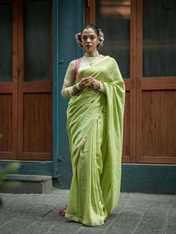 Suta - Lime Green Viscose Blend Saree with Woven Zari Checks