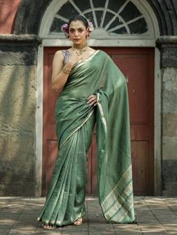 Suta - Emerald Green Viscose Blend Saree with Woven Zari Checks