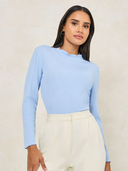 Styli Elevate - Women Light Blue High Neck Lettuce Edge Ribbed Cotton Top