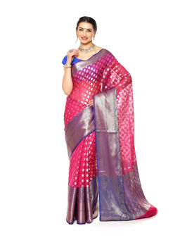 Banarasi Silk Works - Pink Zari Booti Pattu Border Art Saree with Unstitched Blouse