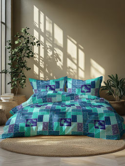 GRES Home - 120TC 100% Cotton Super King Bedsheet with 2 Pillow Covers - Serene Blue