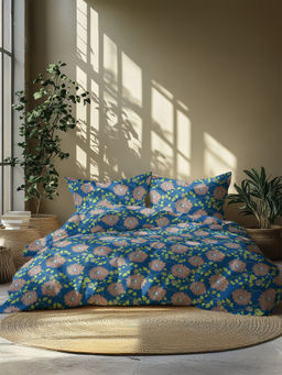 GRES Home - 120TC 100% Cotton Super King Bedsheet with 2 Pillow Covers - Indigo Blue