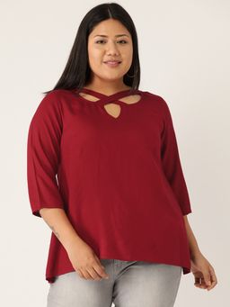 theRebelinme - Womens Maroon Solid Color Neck Cut Out Detail Top
