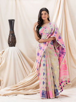 Angoshobha - Traditional Beige Pitcher Soft Dhakai Jamdani Saree with Unstitched Blouse
