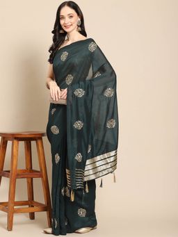 Odette - Green Silk Embroidered Saree with Unstitched Blouse