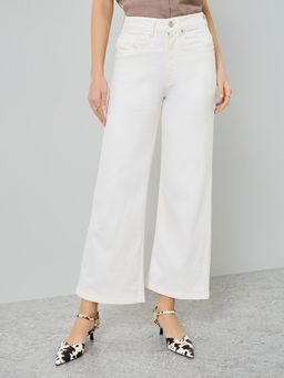 Styli - Women Solid Wide Leg Relaxed Fit Mid Rise Cotton Jeans