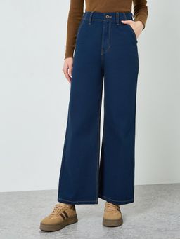 Styli - Women Solid Wide Leg Relaxed Fit Mid Rise Cotton Jeans