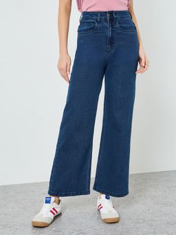 Styli - Women Solid Wide Leg Mid Rise Cotton Jeans