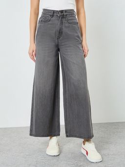Styli - Women Solid Wide Leg Mid Rise Cotton Jeans