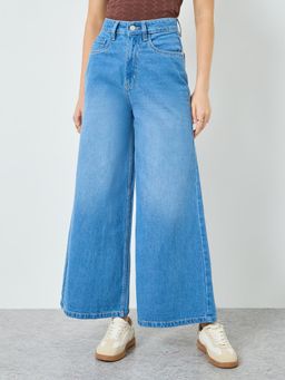 Styli - Women Solid Wide Leg Mid Rise Cotton Jeans