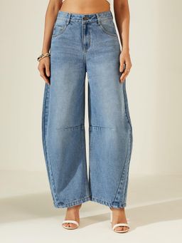 Miss Chase - Women’s High Blue High Rise Denim Jeans Whickering and Knee Dart Detailing