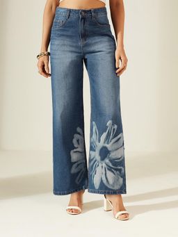 Miss Chase - Women Navy Blue Wide-Leg Relaxed Fit High-Rise Denim Jeans