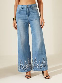 Miss Chase - Women Light Blue Wide-Leg High Rise Stretchable Denim Jeans