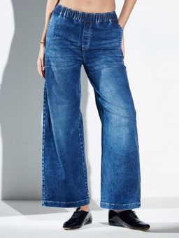 Miss Chase - Women Navy Blue Wide Leg High Rise Heavy Wash Stretchable Denim Jeans