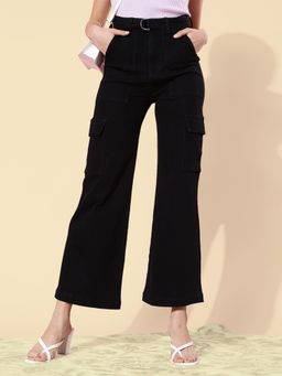 Miss Chase - Women Black Wide Leg Clean Look Regular Stretchable Denim Jeans