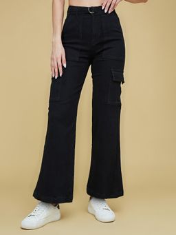 Miss Chase - Women Black Wide Leg Clean Look Regular Stretchable Denim Jeans