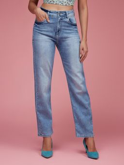 Miss Chase - Women Light Blue Wide-Leg Straight Fit Clean Look Regular Length Denim Jeans