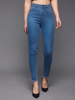 Miss Chase - Women Blue Skinny Cropped Length Fringe Detailing Denim Jeans
