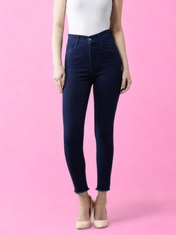 Miss Chase - Women Navy Blue Skinny Clean Look Cropped Fringed Hemline Denim Jeans