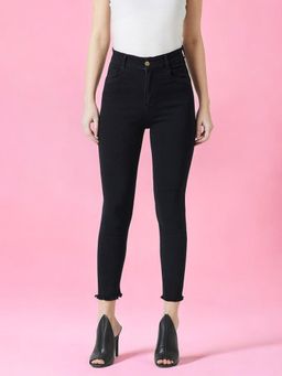 Miss Chase - Women Black Skinny Fringed Detailing Clean Look Cropped Denim Jeans