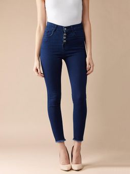 Miss Chase - Women Navy Blue Skinny Clean Look Fringed Hemline Cropped Denim Jeans