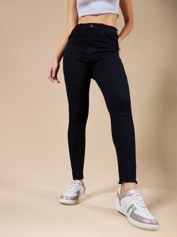 Miss Chase - Women Black Skinny Fringed Detailing Clean Look Cropped Denim Jeans