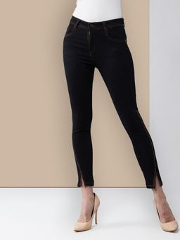 Miss Chase - Women Black Embellished Skinny Side Slit Cropped Length Denim Jeans