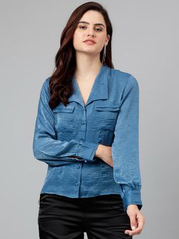 Latin Quarters - Women's Blue Solid Polyester Shirt