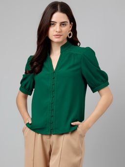 Latin Quarters - Women's Green Solid Polyester Top
