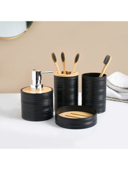 Voncasa - Black Plastic & Bamboo 4 Piece Bathroom Accessories Set