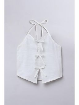 Taffy - 100% Cotton Bow And Slit Detail Halter Aline Crop Top-White