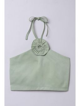 Taffy - Satin Flower Detailed Halter Neck Tie-Up Crop Top - Green