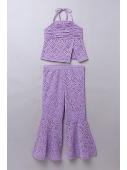 Taffy - Knitted Schiffli Ruched Slit Peplum Top And Flared Pant Lilac (Set of 2)