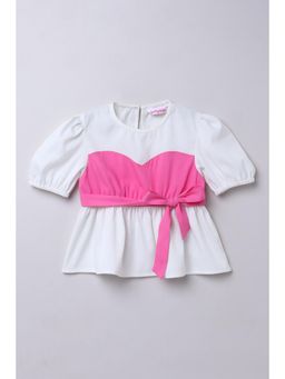 Taffy - Color-Block Puff Sleeves Peplum Top- Pink & White