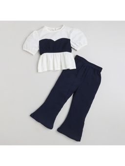 Taffy - Color-Block Puff Sleeves Peplum Top And Bell Bottom Pant -Blue/White (Set of 2)
