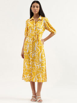 United Colors of Benetton - Collared Yellow Printed Dress and Belt (Set of 2)