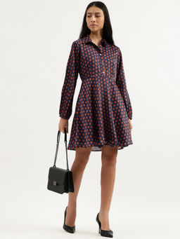 United Colors of Benetton - Navy Blue Spread Collar Polka Print Dress