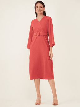SALT Attire - Pink Toledo Plisse Faux Wrap Dress and Belt (Set of 2)