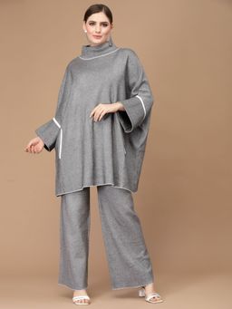 Mafadeny - Women Solid Long Sleeves Turtle Neck Viscose Black Co-Ord (Set of 2)