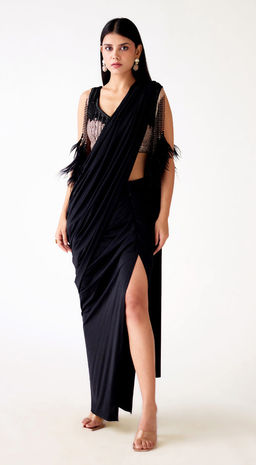 Basanti Kapde aur Koffee - Black Satin Embroidered Slit Pre-Draped Saree with Stitched Blouse