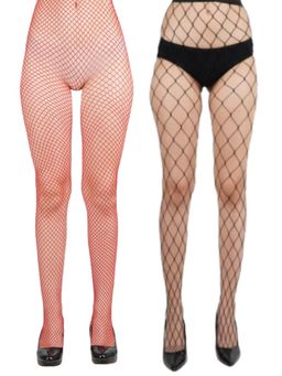 NEXT2SKIN - Women Fishnet Mesh Pantyhose Stockings Red & Black, MediumNet-XLargeNet (Pack of 2)