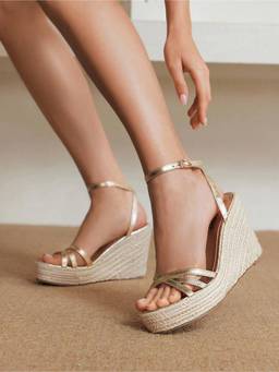 IRUSSH - Women Pyrite Woven-Strap Ankle Espadrille Wedges Heels