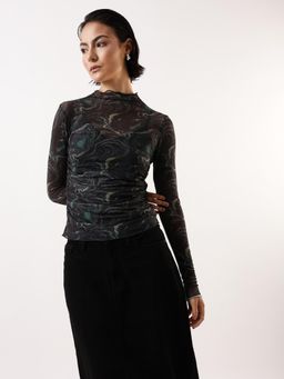 Hubberholme - Women Green Abstract Print Slim Fit High Neck Full Sleeves Top