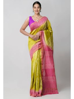 Unnati Silks - Green Pure Hand Block Printed Sico Saree with Unstitched Blouse