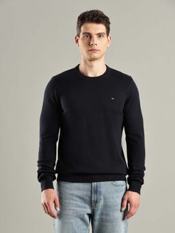 Tommy Hilfiger - Navy Blue Solid Regular-Fit Cotton Sweater