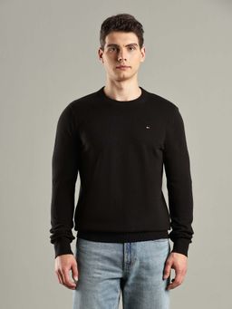 Tommy Hilfiger - Black Solid Regular-Fit Cotton Sweater